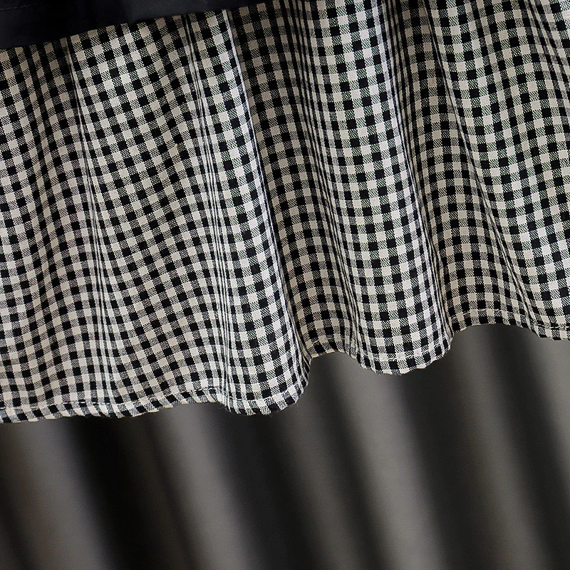 Girl's Korean Style Frill Cuff Long Sleeve Round Neck Checked Print Plaid Frock - Image 16