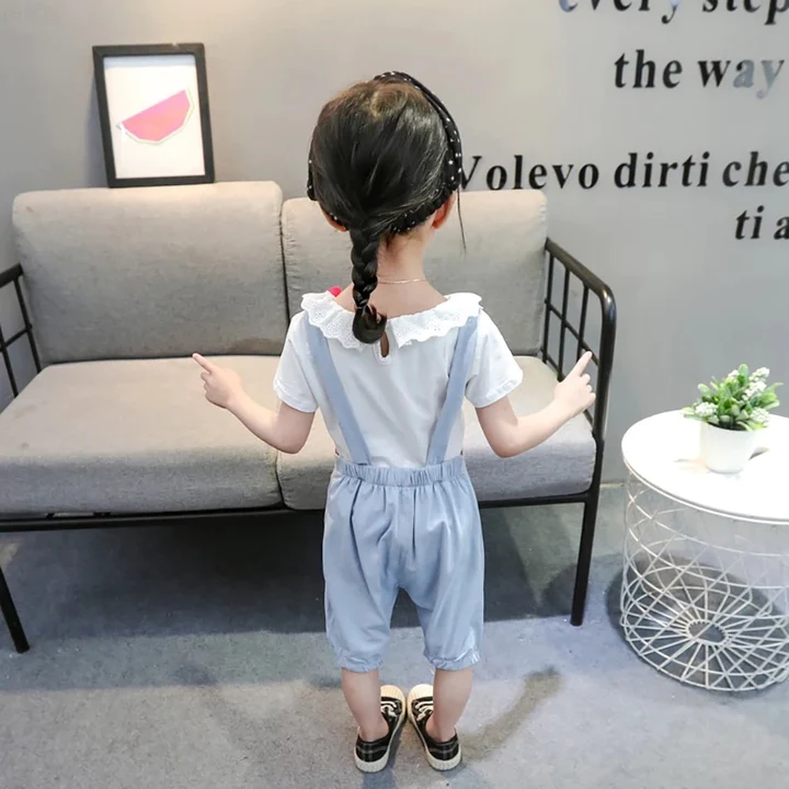 Girl’s Cotton Half Sleeves Round Neck Bow Attached Tee And Dungaree Set Cat Print - Image 3