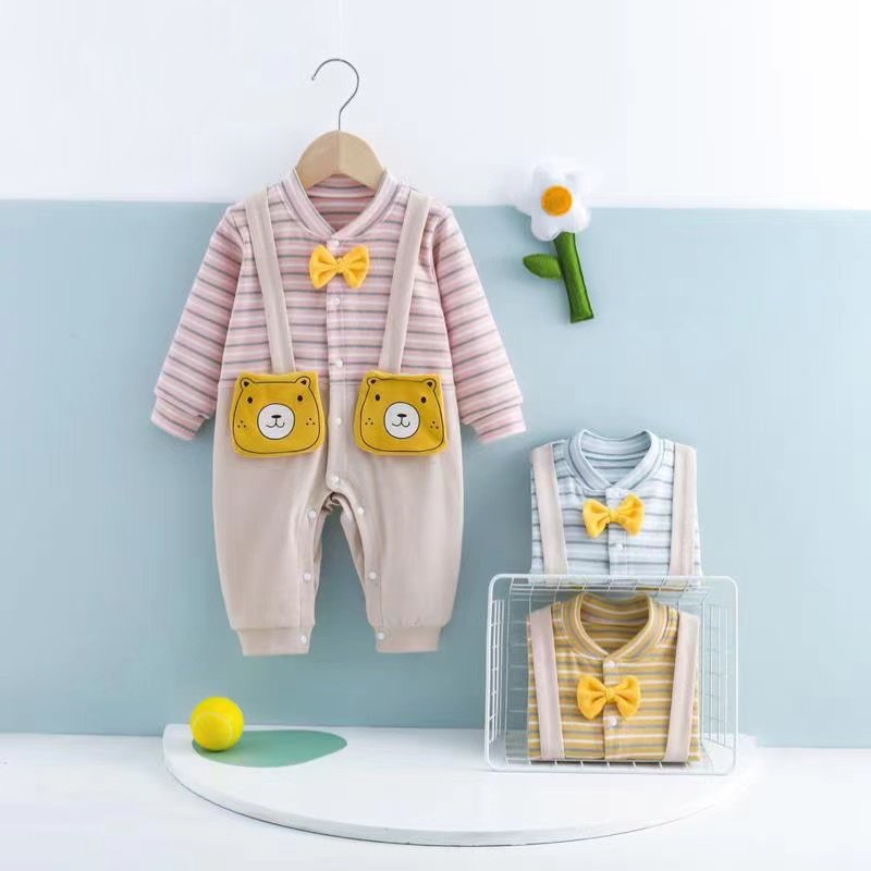 Boy’s & Girl’s Full Sleeves Bow And Suspender Detail Strip Print Romper