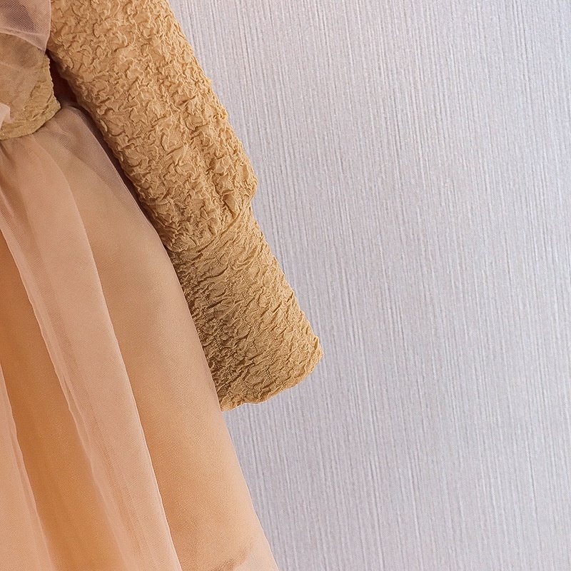 Girl's Korean Style Long Sleeve Round Neck Frilled Detailing Embellished Frock - Image 6