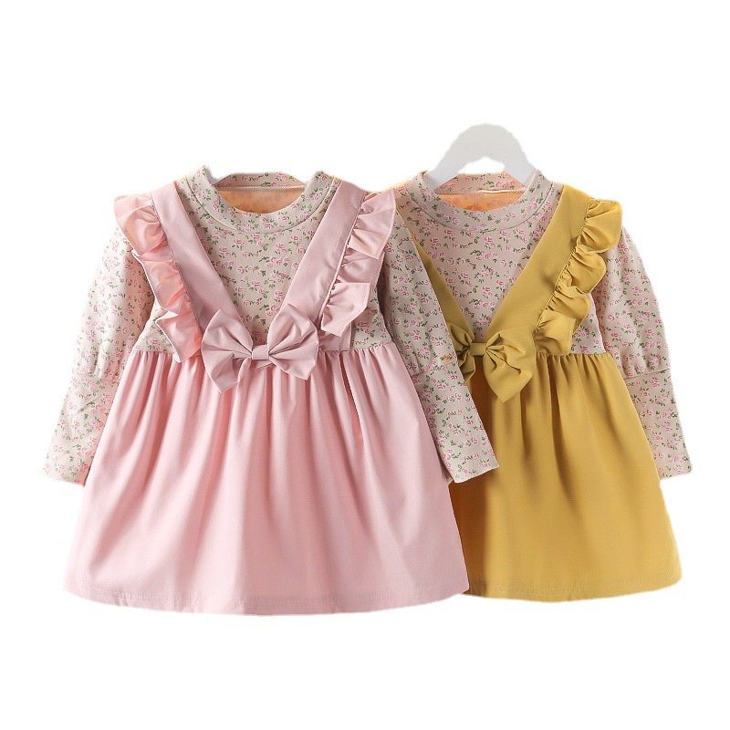 Girl's Korean Style Long Sleeve Round Neck Floral Print Frilled Detailing Bow Attached Frock - Image 9