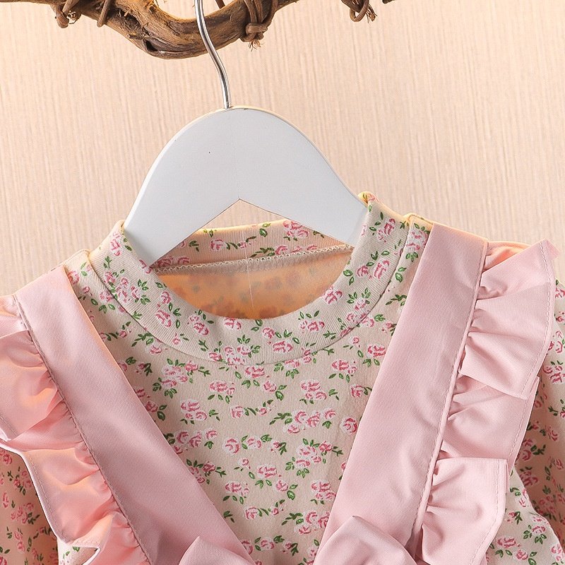 Girl's Korean Style Long Sleeve Round Neck Floral Print Frilled Detailing Bow Attached Frock - Image 10