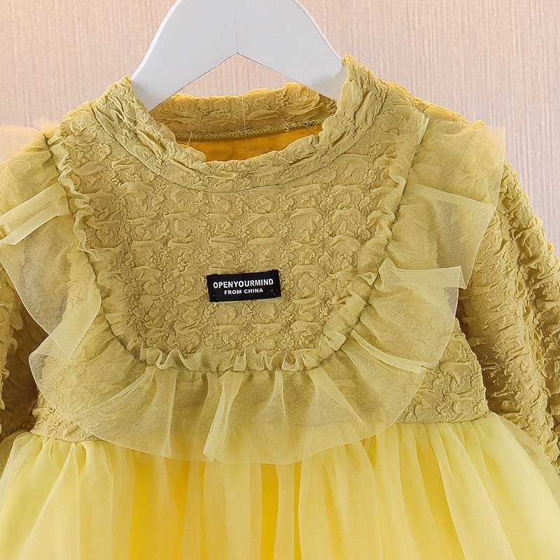 Girl's Korean Style Long Sleeve Round Neck Frilled Detailing Embellished Frock - Image 8