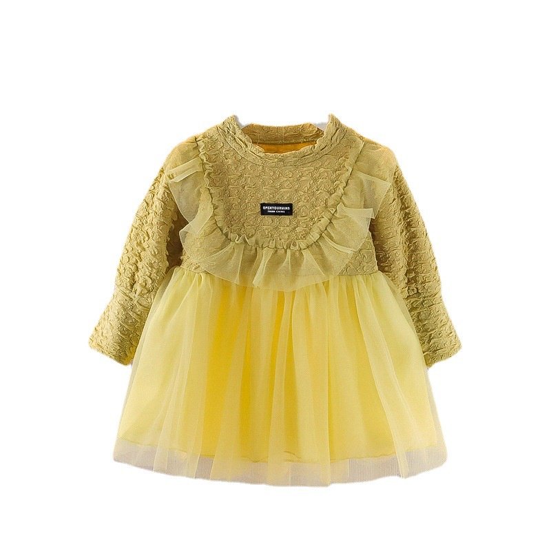 Girl's Korean Style Long Sleeve Round Neck Frilled Detailing Embellished Frock - Image 10