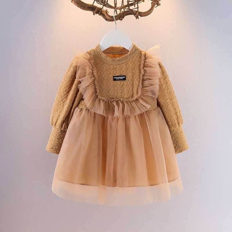 Girl's Korean Style Long Sleeve Round Neck Frilled Detailing Embellished Frock - Image 11
