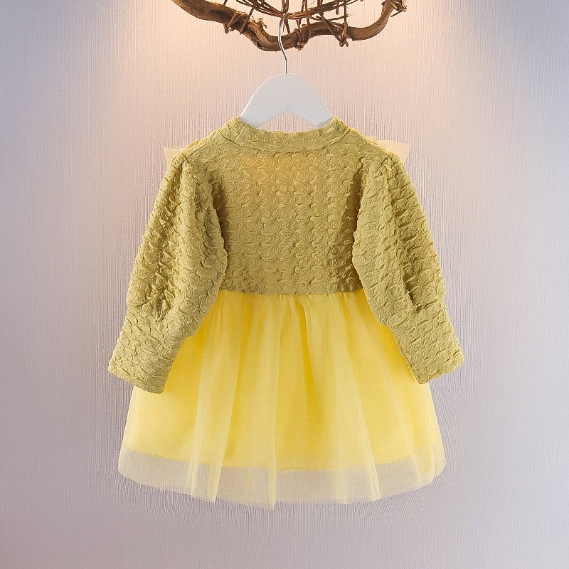 Girl's Korean Style Long Sleeve Round Neck Frilled Detailing Embellished Frock - Image 12