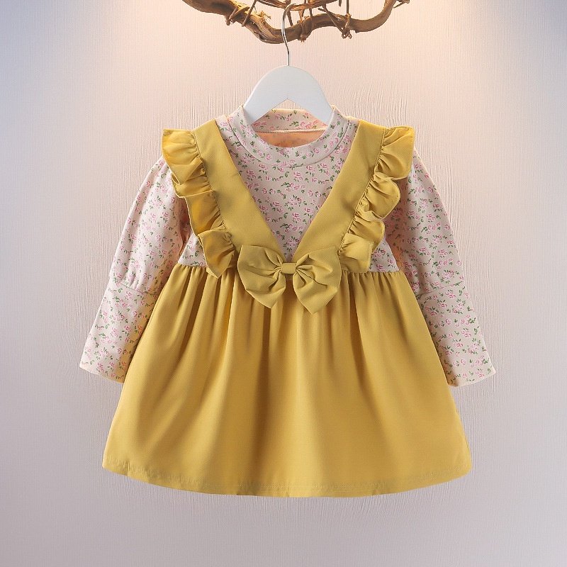 Girl's Korean Style Long Sleeve Round Neck Floral Print Frilled Detailing Bow Attached Frock - Image 12
