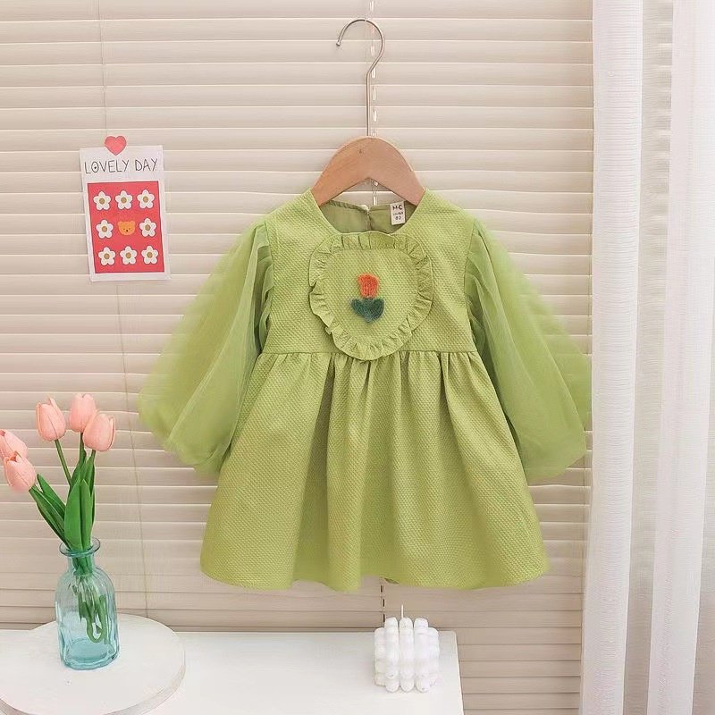 Girl's Korean Style Long Sleeve Round Neck Frilled Detailing Embellished Frock - Image 12