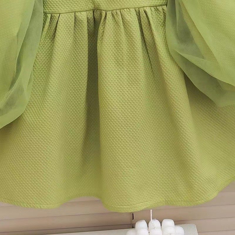 Girl's Korean Style Long Sleeve Round Neck Frilled Detailing Embellished Frock - Image 8