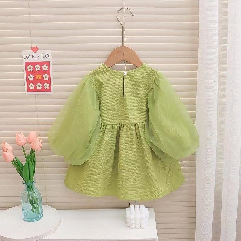 Girl's Korean Style Long Sleeve Round Neck Frilled Detailing Embellished Frock - Image 10