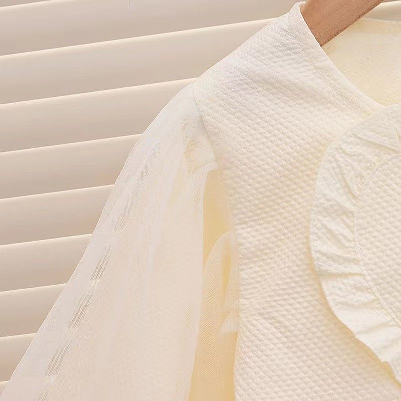 Girl's Korean Style Long Sleeve Round Neck Frilled Detailing Embellished Frock - Image 13