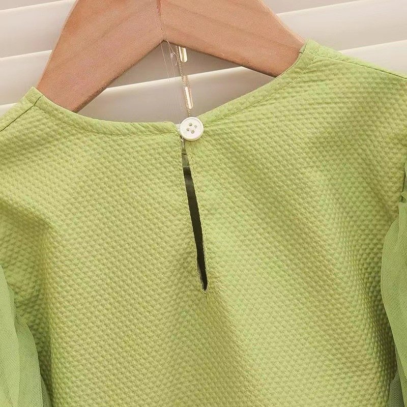 Girl's Korean Style Long Sleeve Round Neck Frilled Detailing Embellished Frock - Image 14