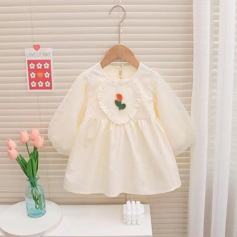 Girl's Korean Style Long Sleeve Round Neck Frilled Detailing Embellished Frock - Image 15
